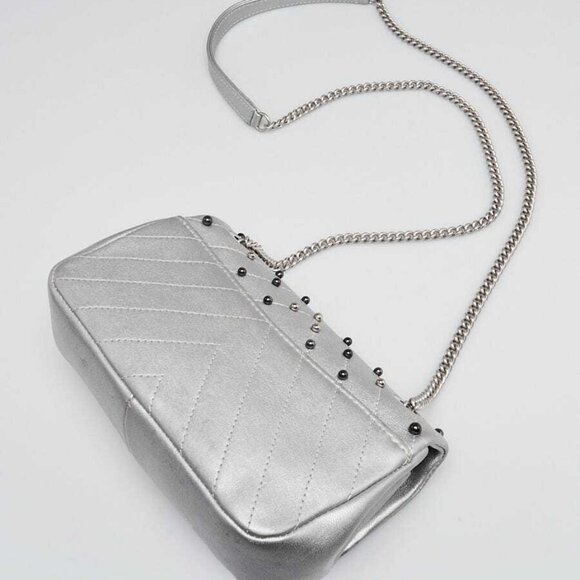 Chanel Silver Chevron Quilted Leather Studded Rectangular Mini Flap Bag - Picture 2 of 12